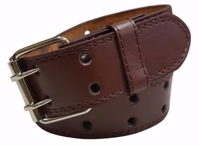 Men's Women's Genuine Leather Two Prong Double Row Holes Casual Plain Brown Belt • $4.99
