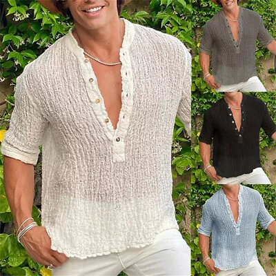 Men Long Sleeve T Shirt V-neck Henley Button Top Casual Shirt Summer Pullover • $20.94