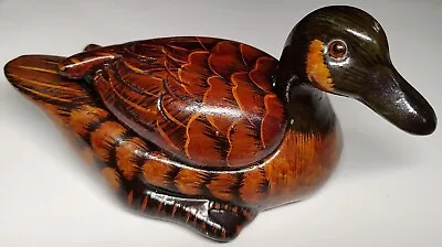 Vintage Duck Mallard Miniature Trinket Box  Painted Bird Brown Glossy 4  Ceramic • $8