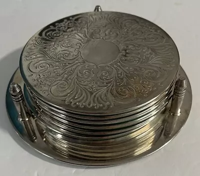 Vintage Silver Embossed Coasters Set Of 6 With Holder Ornate Barware • $19.99