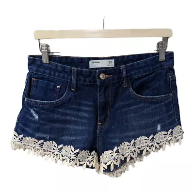 Zara Size 06 Denim Shorts Hot Pants Blue Cotton  Crochet Lace Trim Distressed • $7.77