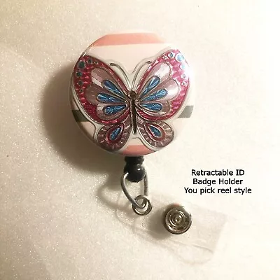 FOIL BUTTERFLY On Blue Pink Fun For Spring Summer ~ Retractable ID Badge Reel • $9.38