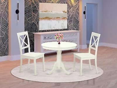 3pc Antique Dinette Set Round Pedestal Kitchen Table + 2 Wood Chairs Linen White • $399