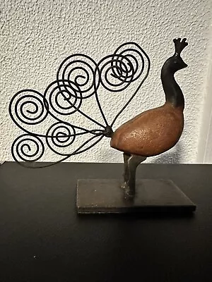 Vintage Wooden Cast Iron Metal Peacock Photo Holder  Figure 5 3/4 Inches • $8.49