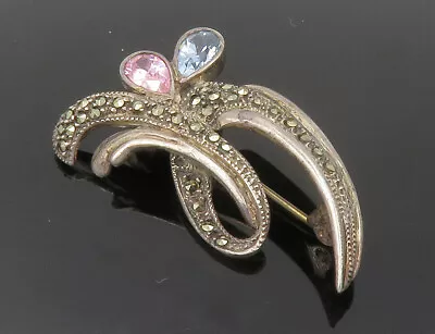 925 Sterling Silver - Vintage Pink & Blue Topaz & Marcasite Brooch Pin - BP4779 • $38.90