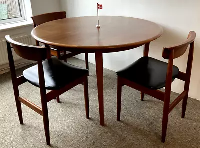 Mid Century Round Teak Danish Dining Table & 3 Vinyl Chairs Retro 1960s Delivery • £299