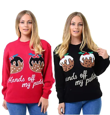 WOMENS XMAS CHRISTMAS NOVELTY KNITTED RETRO JUMPER SWEATER Hands Off My Pudding • £9.95