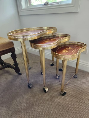 $148 • Buy Rare Vintage Antique Italian Nest Of Tables Kidney Shaped EC  Marquetry 