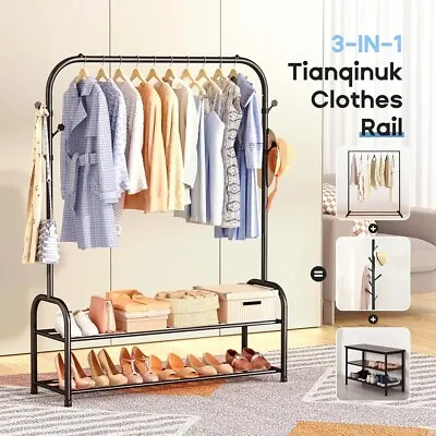 Clothes Rail Metal Clothes Rail Assembled Clothes Rack With Side Hooks & 2-Tier • £8.99