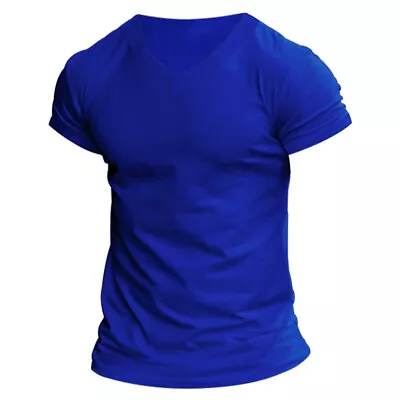 Mens V Neck Plain Short Sleeve T-Shirt Summer Slim Fit Casual Muscle Tops Tee US • $15.26