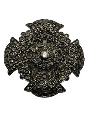 Vintage Sterling Silver & Marcasite Brooch Pin Maltese Cross Design • $99