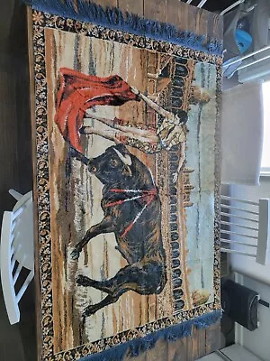 Vintage Matador Bull Fighting Velvet Tapestry/Rug W/fringe 54 3/4  X 38   • $39.99