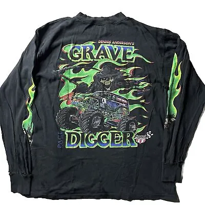 VTG Grave Digger Grim Reaper Monster Truck Flame Fire JNCO Skater T-Shirt-L-5273 • $155