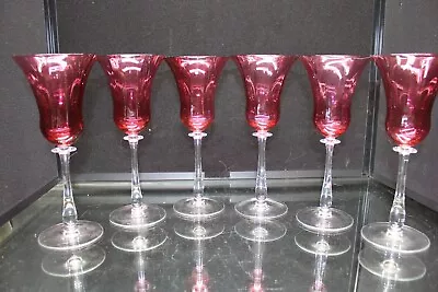 Large Crystal Cranberry Optic Wine Goblets SET OF 6 {077} • $83.99