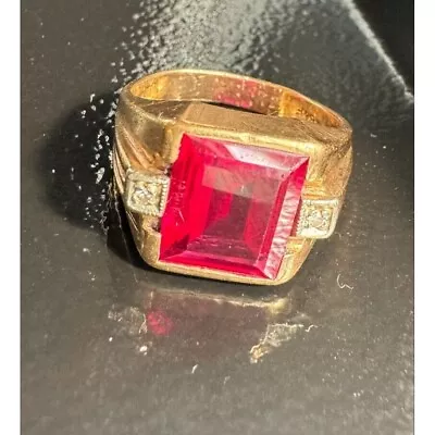 Mens Yellow Gold Lab-created Ruby And Natural Diamond Signet Ring Size 10 Sky • $467.50