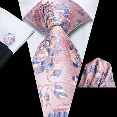 Hi-Tie Mens Tie Solid Paisley Striped Silk Necktie Handkerchief Set Wedding • £9.59