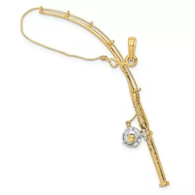 14K Gold With Rhodium 3D Moveable Fishing Pole With Reel Charm 0.7 X 2.8 In • $651.60