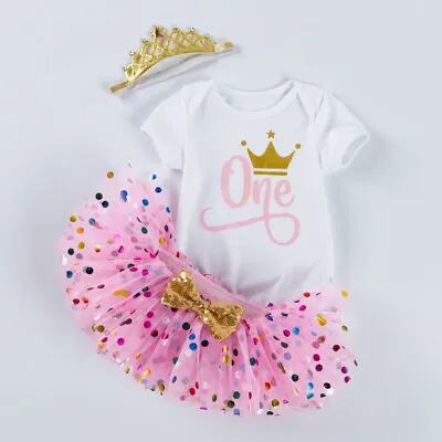 1st First Birthday Outfit Set Dress Smash Cake Party Tutu Bodysuit Romper Pink • $38.50