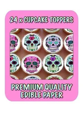 Colourful Sugar Skulls Edible Cupcake Toppers Cake Premium Decorations  266 • £2.99