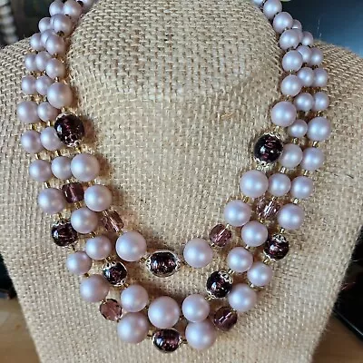 Vintage Triple Strand Pink Glass & Puple Murano Look Beads Japan 17  • £16.88
