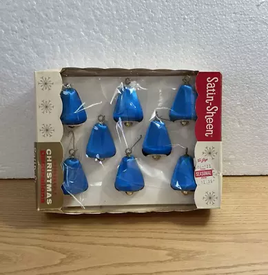 Vintage Pyramid Satin Sheen Blue Bell Christmas Ornaments Set Of 8 Original Box • $17.99