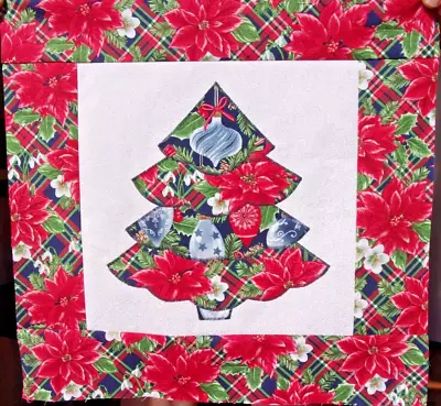 Scrappy Red Poinsettia Christmas Tree Mini Quilt Top Only Appx 15 ½   Sq #1809 • $16.99