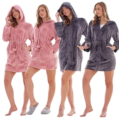 Ladies Soft Luxury Flannel Fleece Zip Front Hooded Dressing Gown Robe Embossed  • £24.99