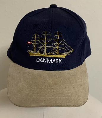 Danmark Baseball Cap/Hat Tan Suede Bill Navy Gold Embroidered Sailing Ship OS • $5.80