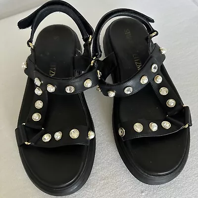 CHANEL DAD STUART WEITZMAN ZOELIE CRYSTAL PLATFORM BLACK LEATHER SANDALS. Size 9 • $74