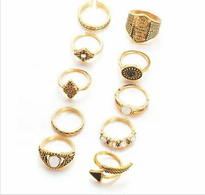 10pcs Gold Boho Stack Rings Set Plain Above Knuckle Ring Sun Midi Finger Tip • £3.99