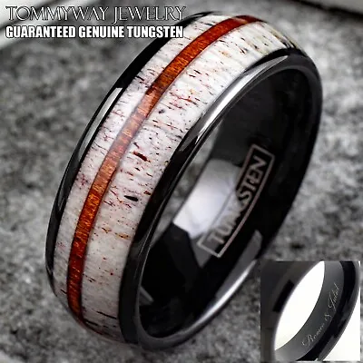 Personalized Engraved Black Tungsten Men's Ring Deer Antler & SandalWood Band • $23.99