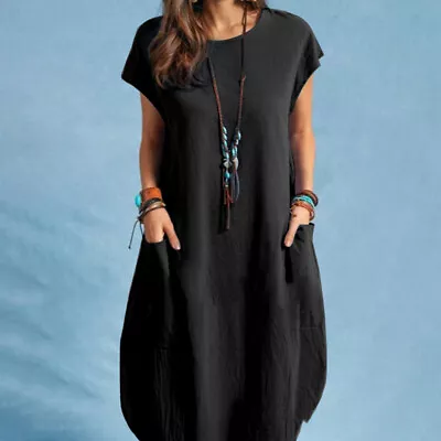£10.11 • Buy Womens Solid Pockets Midi Dress Ladies Summer Beach Short Sleeve Shirt Sundress