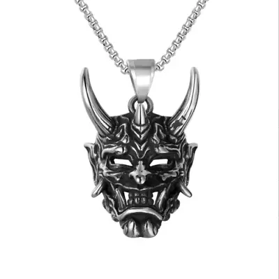 Gothic Silver Devil Skull Samurai Mask Pendant Necklace Stainless Steel Biker • $10.68