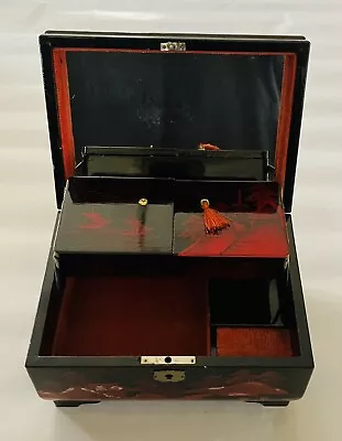 Vintage Black Lacquer Japanese Mt Fuji Music Jewelry Jewellery Box • $50