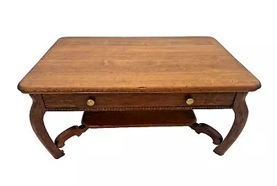 Gorgeous Antique Coffee Table Solid  Oak Center Drawer Bottom Shelf Bow Legs • $1606.50