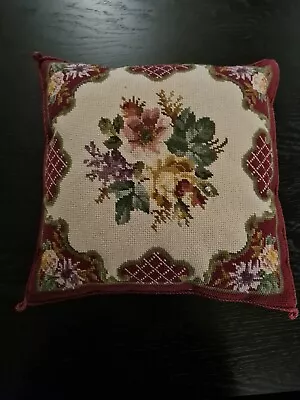 Needlepoint Cushion Dark Red And Flowers • £5