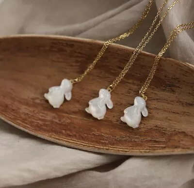 £19.99 • Buy Mother Of Pearl Bunny Rabbit Gold Plated Necklace Gift Bag Easter Present Silver