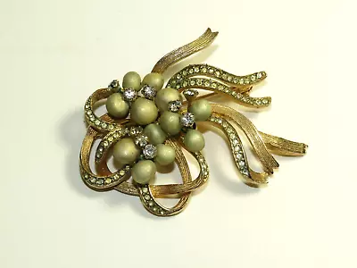 Vintage Bead Rhinestones Flower Bouquet Ribbon Design Brooch • $7.41