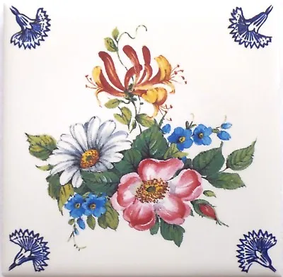 Delft Theme Flower With Blue Flower Corners Ceramic Tile 4.25  Kiln Fired Decor • $7.50
