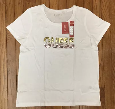 New GUESS Woman’s White Sequins Logo Tee Shirt Top T-shirt Sz XL MSRP $27 • $6.99