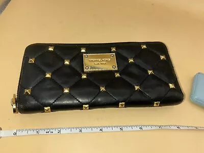 Black Michael Kors Astor Quilted Metallic Gold Studded Leather Zip Around Wallet • $37.49