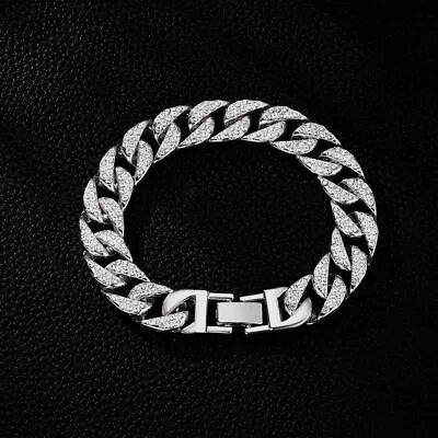 Men's 14MM White Gold Plated Heavy Iced CZ Out Miami Cuban Link Bracelet Chain • $9.39