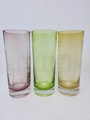 Set Of 3 High Ball Glasses Engraved Etched Designs Purple Green Yellow • $29.99