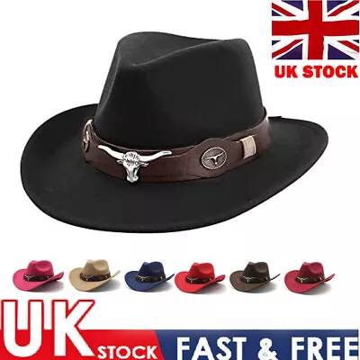 Retro Mens Western Cowboy Felt Fedora Hat Wide Brim Panama Jazz Hat With Belt BK • £7.69