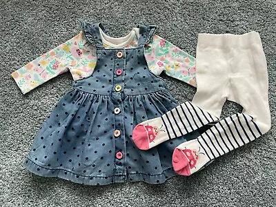 Mothercare Baby Bodysuit & Pinafore Dress Set With Tights - 0-3 Months/62 Cm • £4.30