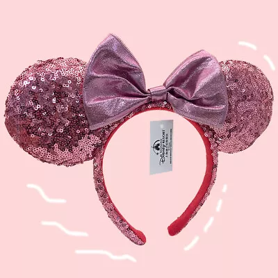 Disney- Mouse Ears Headband Light Pink Sequin Bow Valentine's Day Hairband • $16.32
