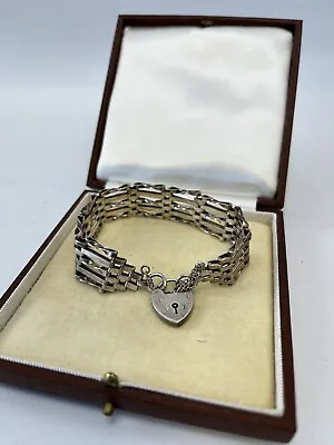 Vintage 1970s .925 Sterling Silver 6 Bar Gate Bracelet Heart Padlock Clasp • £39