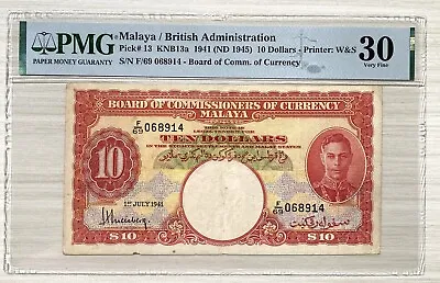 (ND 1945) Malaya And British Borneo George VI Ten Dollars Banknote PMG 30 • $500