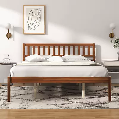 Wood Queen Bed Frame With Headboard Mid Century Platform Bed With Wood Slat Sup • $221.99