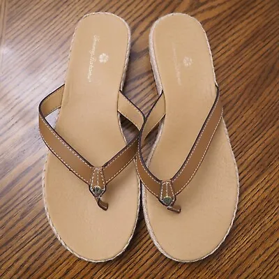 New TOMMY BAHAMA Thomas Brown Faux Leather Logo Espadrille Thong Sandals Sz 7.5 • $39.99
